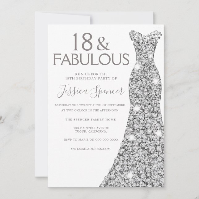Silver Glitter Dress Girls 18th Birthday Party Invitation (Front)