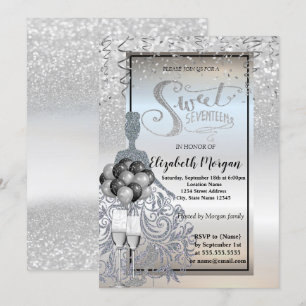 Silver Glitter Dress,Glass,Ballons Sweet 17  Invitation