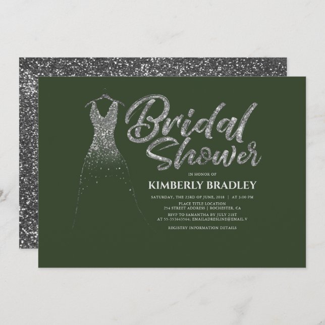 Silver Glitter Dress Olive Green Bridal Shower Invitation (Front/Back)