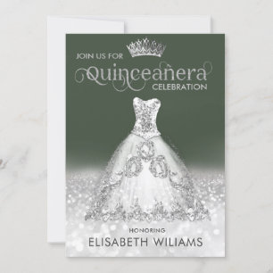 Silver glitter dress ombre tiara Quinceañera   Inv Invitation