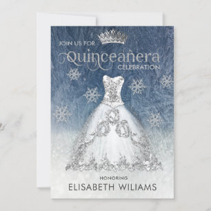 Silver glitter dress ombre tiara Quinceañera Invi Invitation