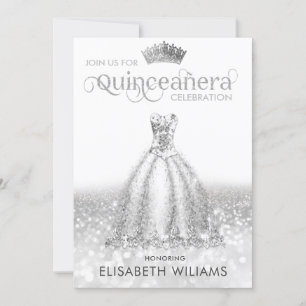 Silver glitter dress ombre tiara Quinceañera Invi Invitation