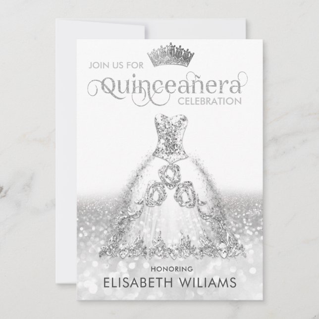 Silver glitter dress ombre tiara Quinceañera  Invi Invitation (Front)