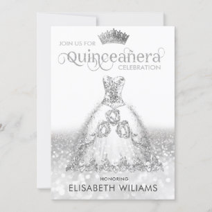 Silver glitter dress ombre tiara Quinceañera Invi Invitation