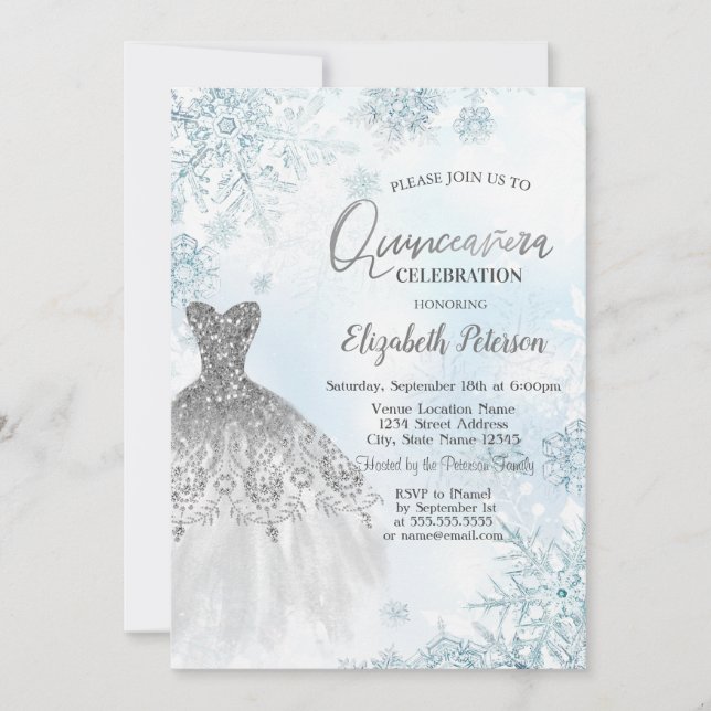 Silver Glitter Dress Snowflakes  Invitation (Front)