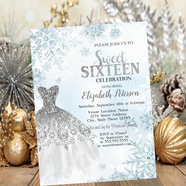 Silver Glitter Dress Snowflakes Sweet 16 Party Invitation (Creator Uploaded)