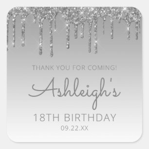 Silver Glitter Drip 18th Birthday Party Thank You Square Sticker