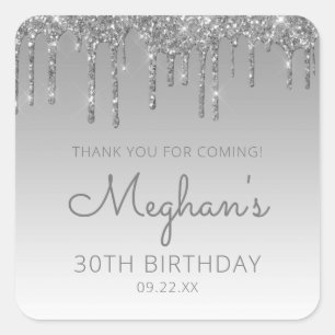 Silver Glitter Drip 30th Birthday Party Thank You Square Sticker