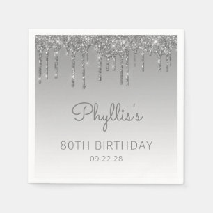 Silver Glitter Drip 80th Birthday Party Napkins
