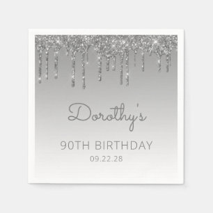 Silver Glitter Drip 90th Birthday Party Napkin
