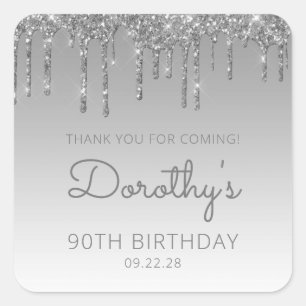 Silver Glitter Drip 90th Birthday Party Thank You Square Sticker