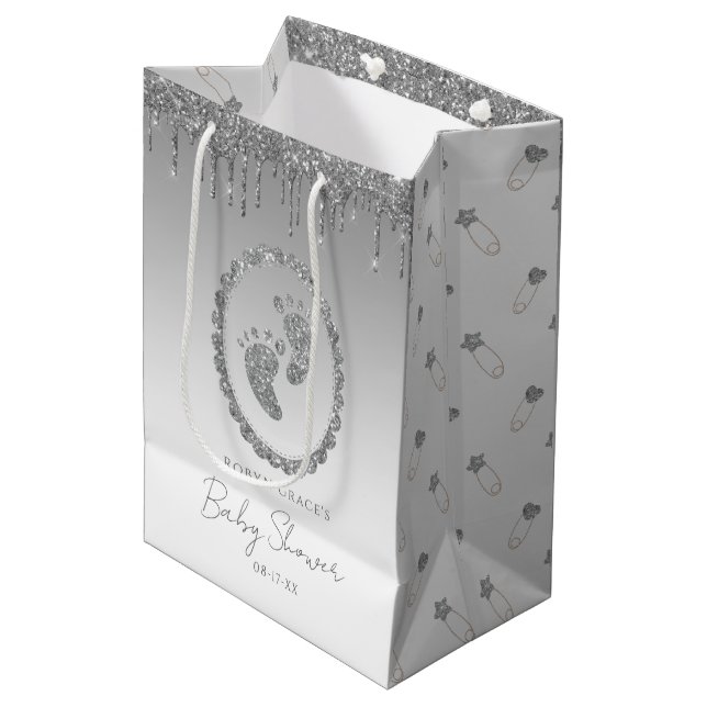 Silver Glitter Drip Baby Shower Gift Bag  (Front Angled)