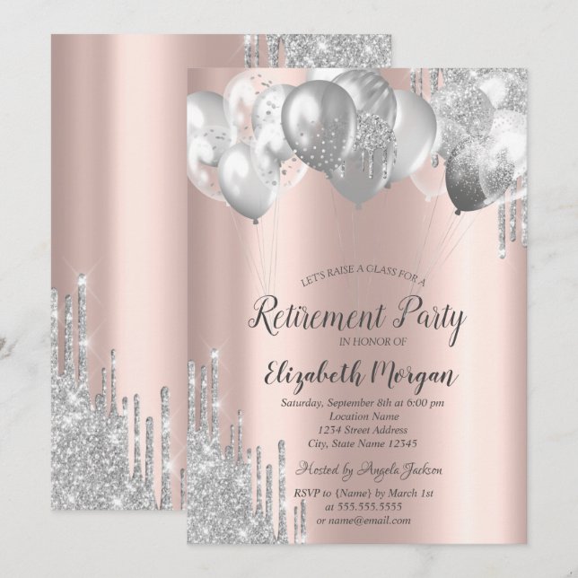 Silver Glitter Drip Balloons Rose Gold Retirement  Invitation (Front/Back)