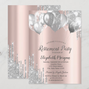 Silver Glitter Drip Balloons Rose Gold Retirement  Invitation