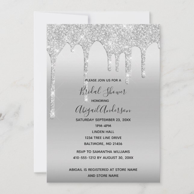 Silver Glitter Drip Bridal Shower Glam Trendy  Invitation (Front)