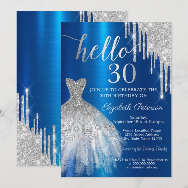 Silver Glitter Drip Dress Blue Metallic 30th  Invitation (Front/Back)