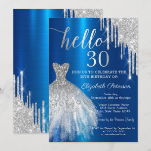 Silver Glitter Drip Dress Blue Metallic 30th  Invitation