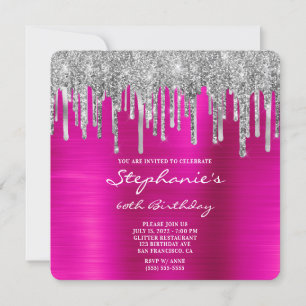 Silver Glitter Drip Fuchsia Foil 60th Birthday Invitation