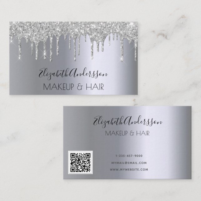 Silver glitter drip makeup hair QR code Business Card (Front/Back)