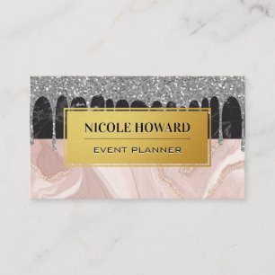 Silver Glitter Drip   Marble Business Card