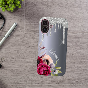 Silver glitter drip metallic burgundy flowers name iPhone 16 case