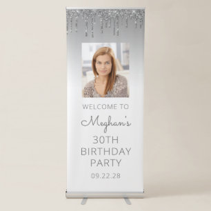 Silver Glitter Drip Photo 30th Birthday Party Retractable Banner