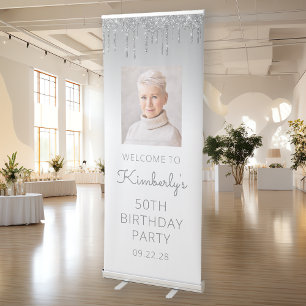 Silver Glitter Drip Photo 50th Birthday Party Retractable Banner