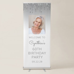 Silver Glitter Drip Photo 60th Birthday Party Retractable Banner