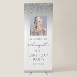 Silver Glitter Drip Photo 70th Birthday Party Retractable Banner