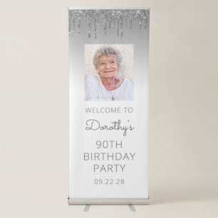 Silver Glitter Drip Photo 90th Birthday Party Retractable Banner