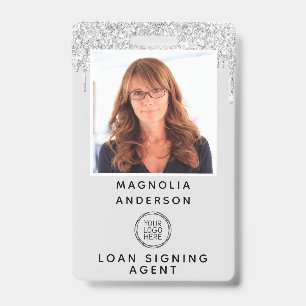 Silver Glitter Drip Photo Logo Barcode ID Badge