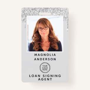 Silver Glitter Drip Photo Logo Barcode  ID Badge