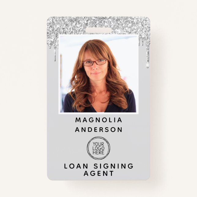 Silver Glitter Drip Photo Logo Barcode  ID Badge (Front)