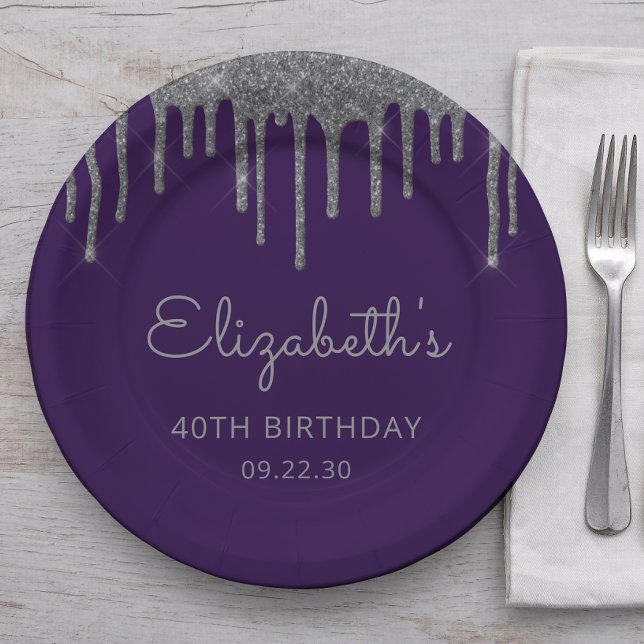 Silver Glitter Drip Purple 40th Birthday Party Paper Plate (Creator Uploaded)