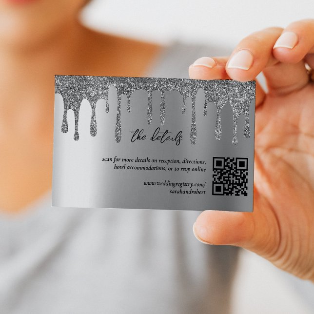 Silver Glitter Drip QR Code Wedding Details Enclosure Card (Silver Glitter Drip QR Code Wedding Details Enclosure Card)