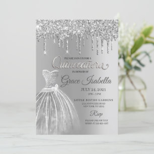 Silver Glitter Drip Quinceanera Birthday Invitation