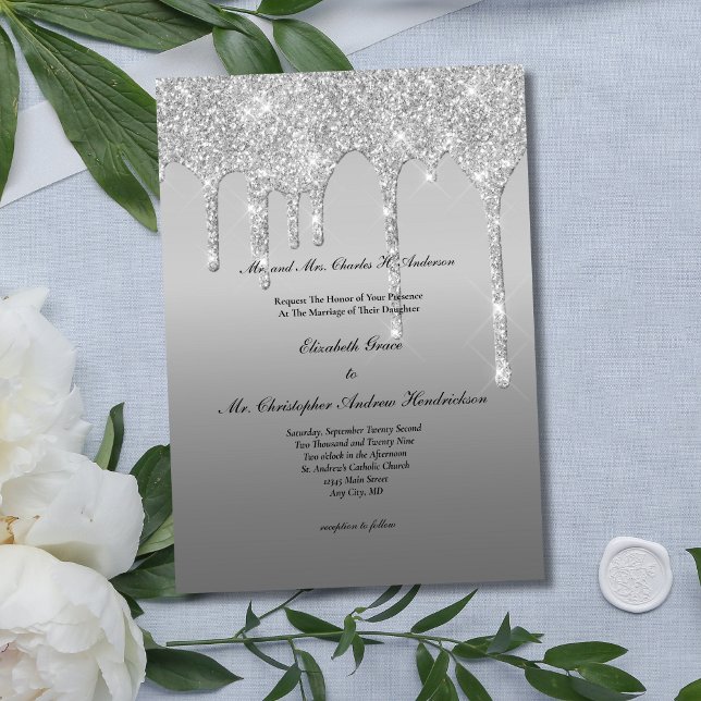 Silver Glitter Drip Trendy Elegant Modern Wedding  Invitation (Silver Dripping Glitter Elegant Modern Glam Bling Wedding Invitation)