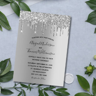 Silver Glitter Drip Trendy Elegant Modern Wedding  Invitation