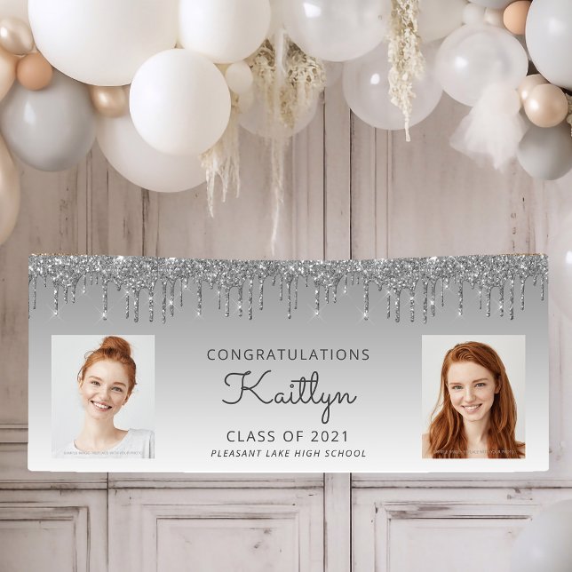 Silver Glitter Drip Two Photo Graduation Banner (Creator Uploaded)