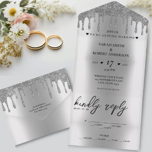Silver Glitter Drip Wedding All In One Invitation