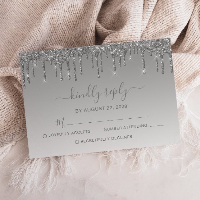 Silver Glitter Drip Wedding RSVP Card (Creator Uploaded)