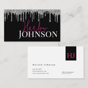Silver Glitter Dripped Signature Hot Pink  Business Card