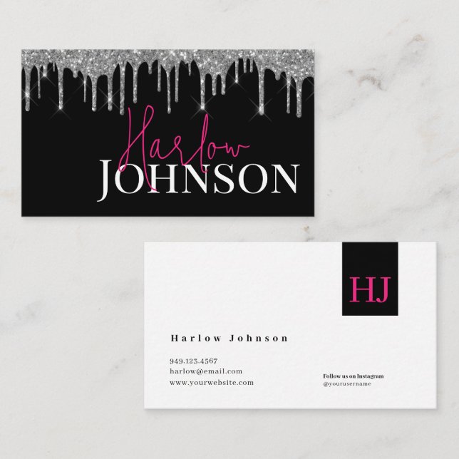 Silver Glitter Dripped Signature Hot Pink  Business Card (Front/Back)