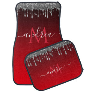 Silver Glitter Dripping Glam Red Monogram & Name Car Mat