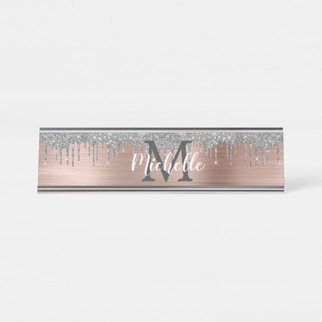 Silver Glitter Dripping Rose Gold Metal Monogram Desk Name Plate (Front)