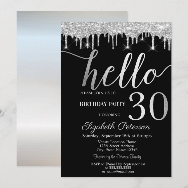 Silver Glitter Drips 30th Birthday Party  Invitation (Front/Back)