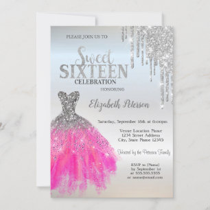 Silver Glitter Drips,Adorable Dress Sweet 16  Invitation