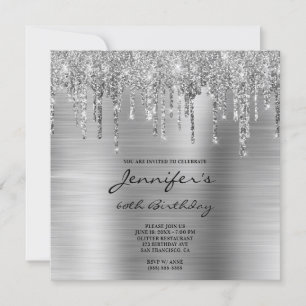 Silver Glitter Drips and Foil 60th Birthday Invitation