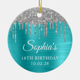 Silver Glitter Drips Aqua Blue 18th Birthday Photo Ceramic Tree Decoration