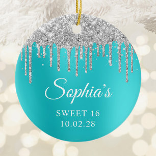 Silver Glitter Drips Aqua Blue Glam Sweet 16 Photo Ceramic Tree Decoration